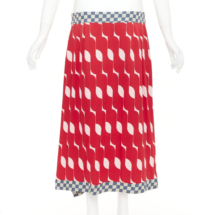 DRIES VAN NOTEN 2024 red silk geometric print wrap checkered midi skirt FR38 M