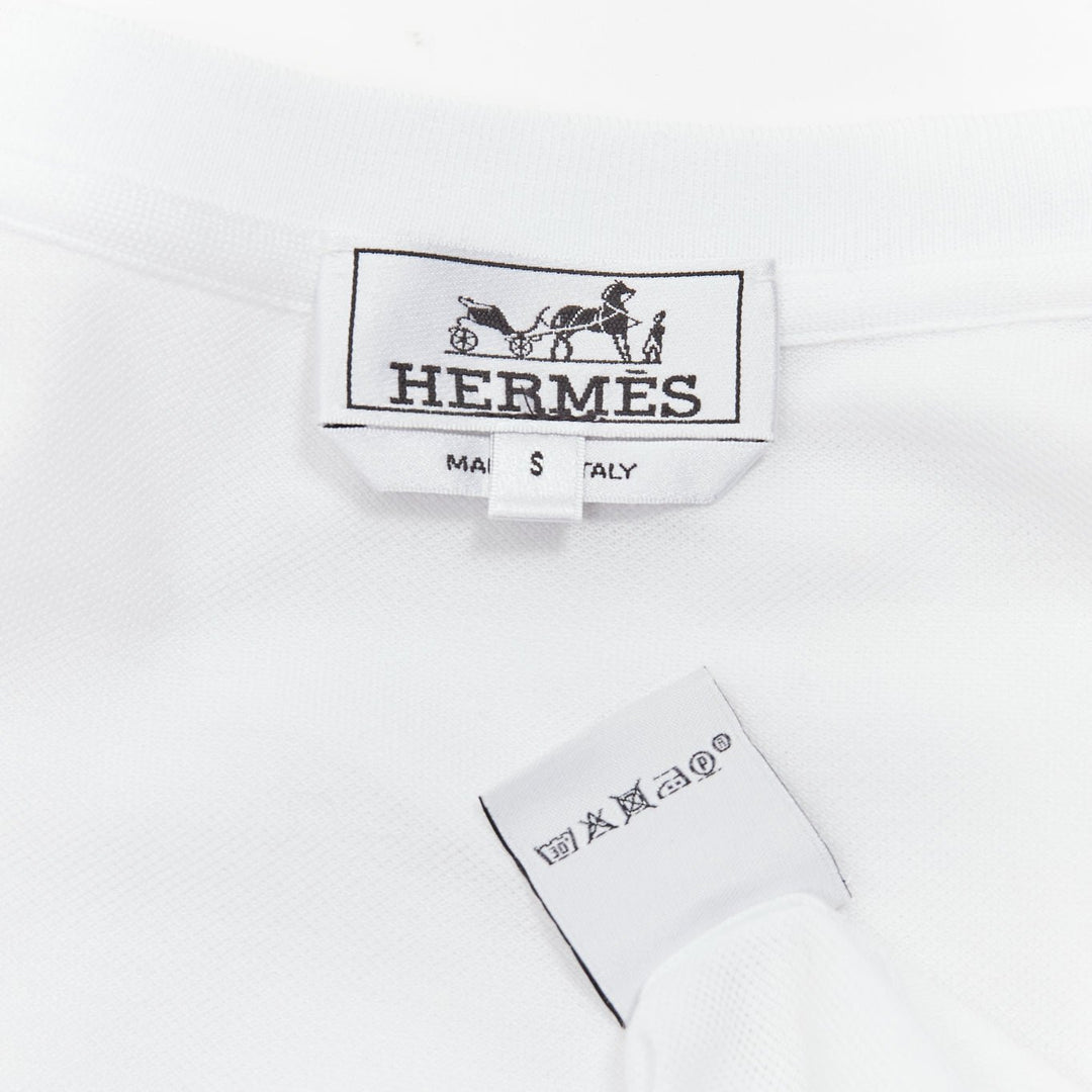 HERMES Pique H white 100% cotton logo pocket crew neck tshirt S