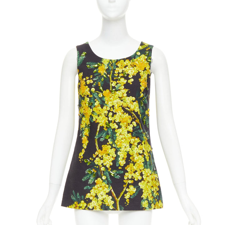 DOLCE GABBANA yellow black beaded mimosa acacia print floral tunic IT38 XS