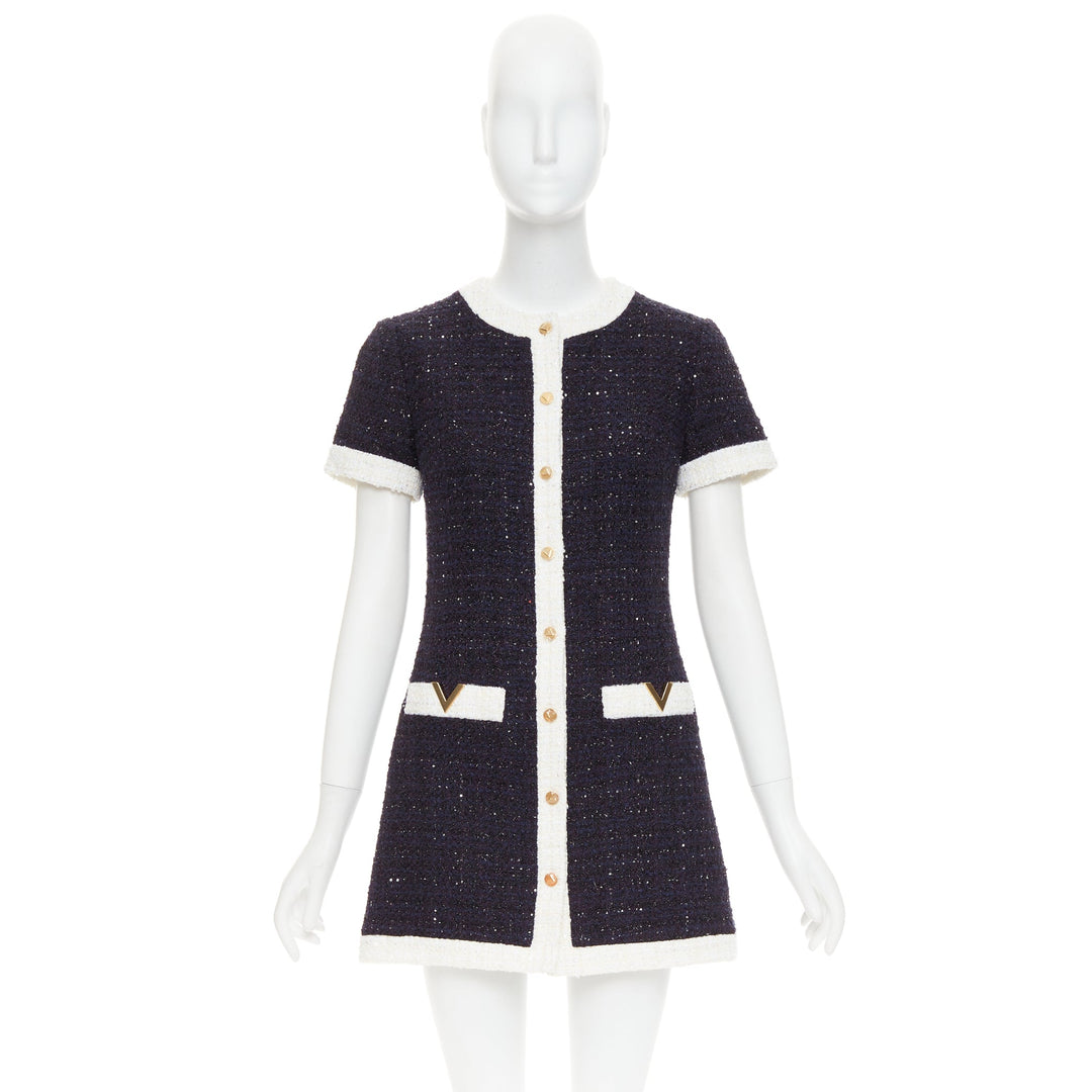 VALENTINO 2023 Retro Mini cream navy boucle tweed V logo mini dress IT38 XS