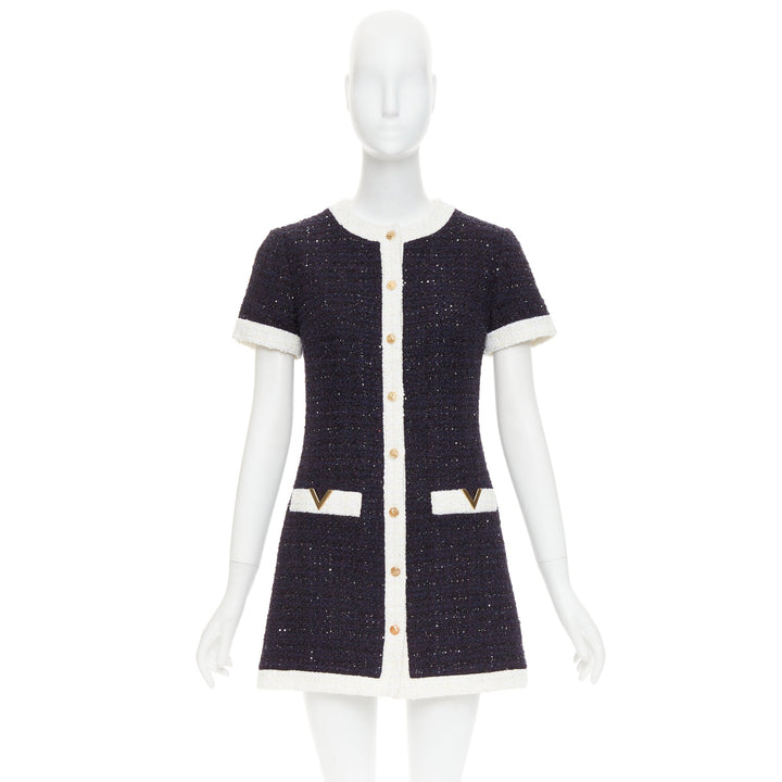 VALENTINO 2023 Retro Mini cream navy boucle tweed V logo mini dress IT38 XS