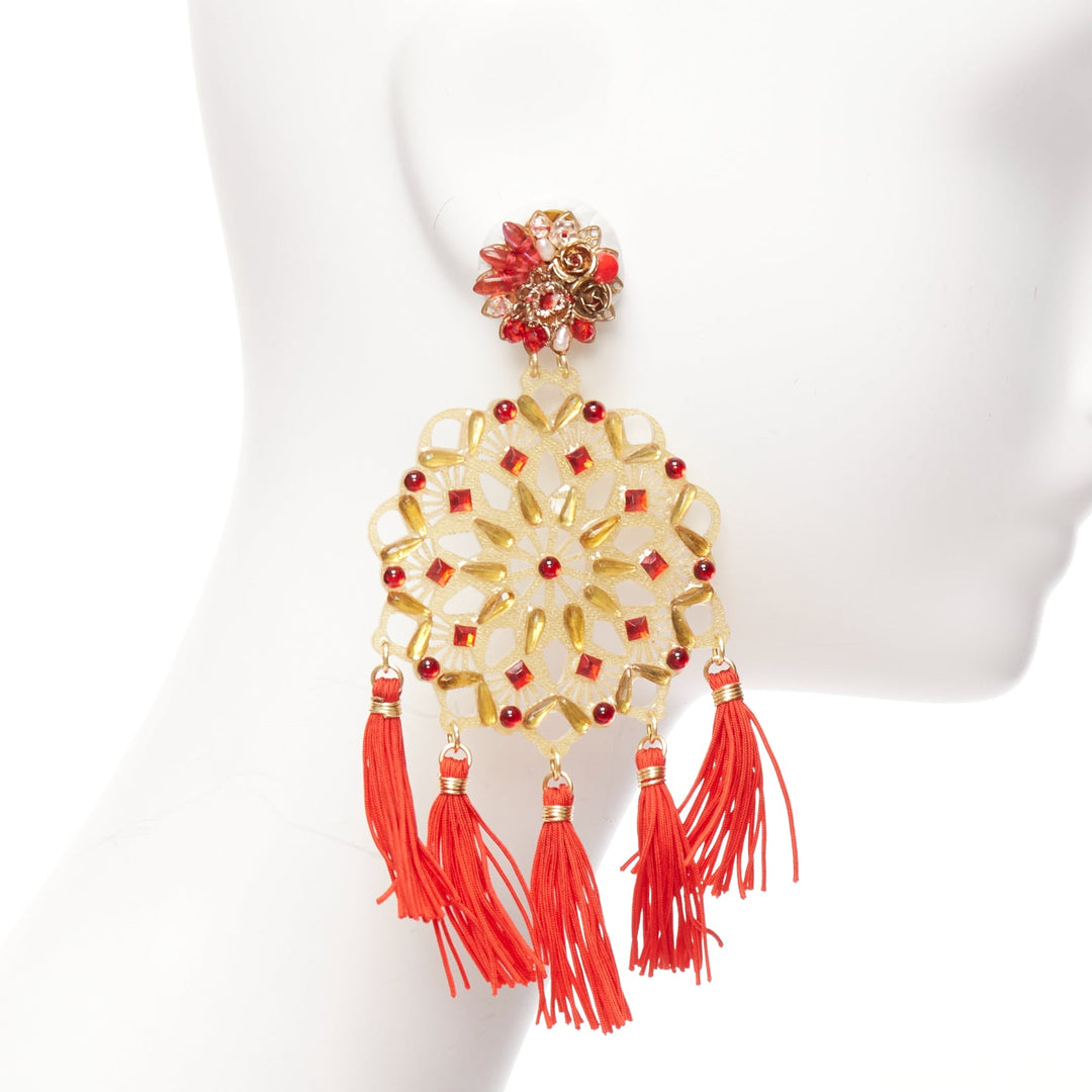 MERCEDES SALAZAR gold red acrylic beads tassel new year clip on earrings