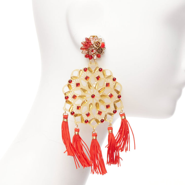 MERCEDES SALAZAR gold red acrylic beads tassel new year clip on earrings