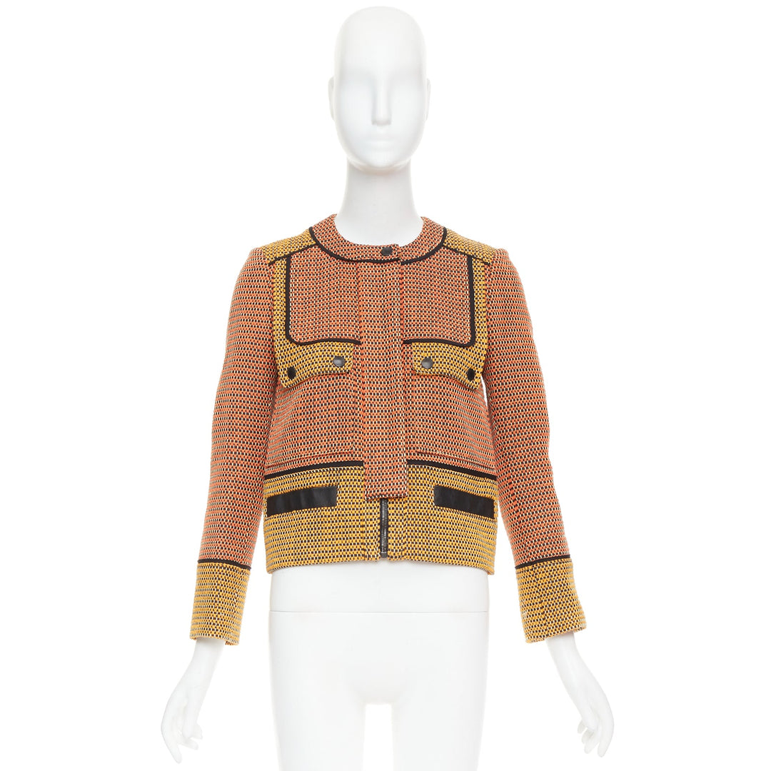 PROENZA SCHOULER orange basket weave tweed black leather trim jacket US2 S