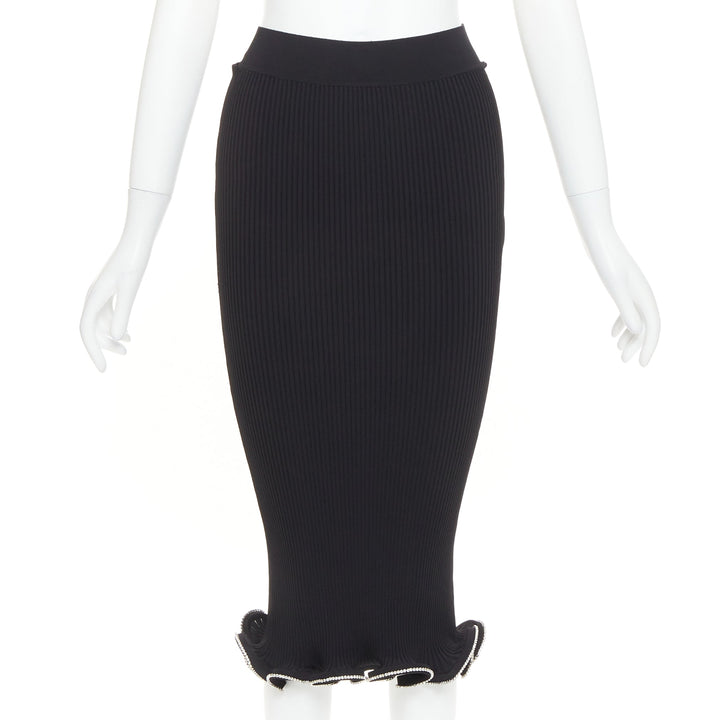 ALEXANDRE VAUTHIER black ribbed knit silver strass crystal flounce ruffle skirt