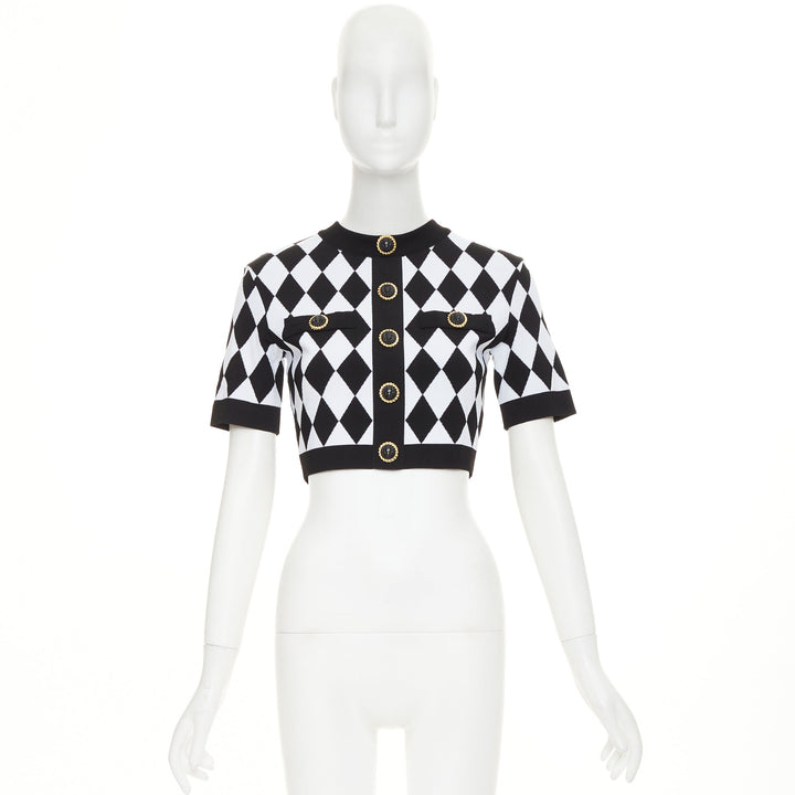 BALMAIN 2022 Harlequin black white diamond check gold lion buttons crop top FR36