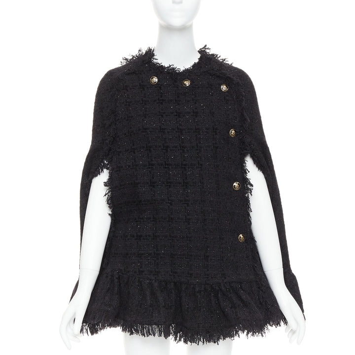MSGM black tweed gold varsity buttons fringe trim cape coat IT38 XS