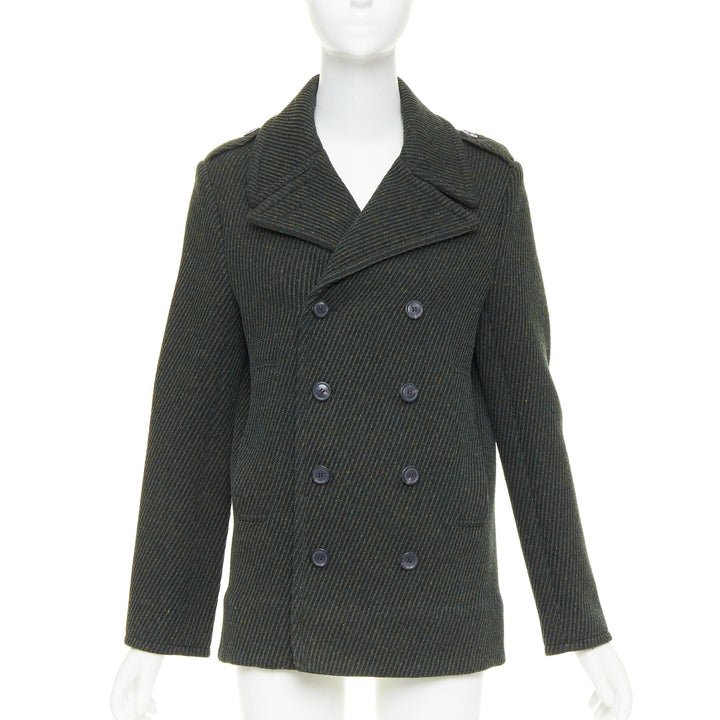 CHRISTIAN DIOR green virgin wool ribbed knit double breasted pea coat FR36 S