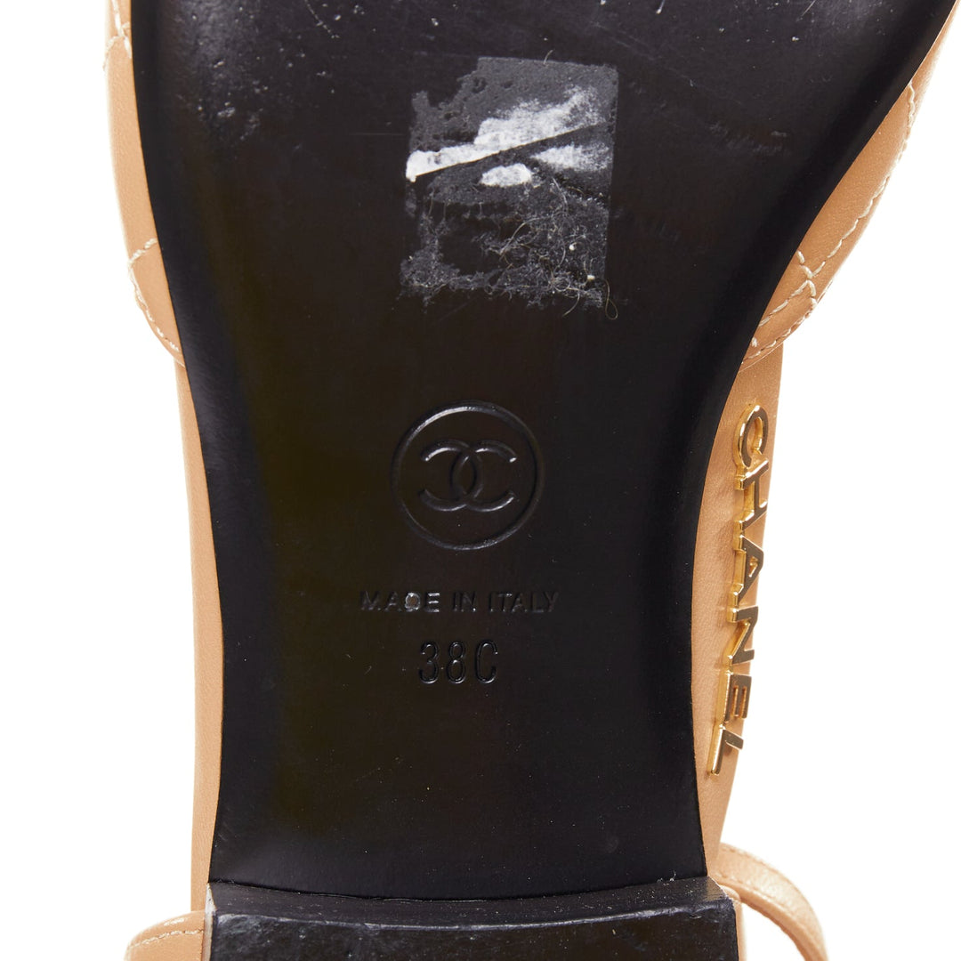 CHANEL nude lambskin stitching grosgrain CC toe cap ankle strap flats EU38.5