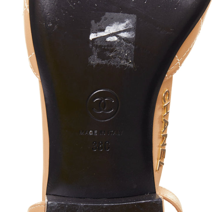 CHANEL nude lambskin stitching grosgrain CC toe cap ankle strap flats EU38.5