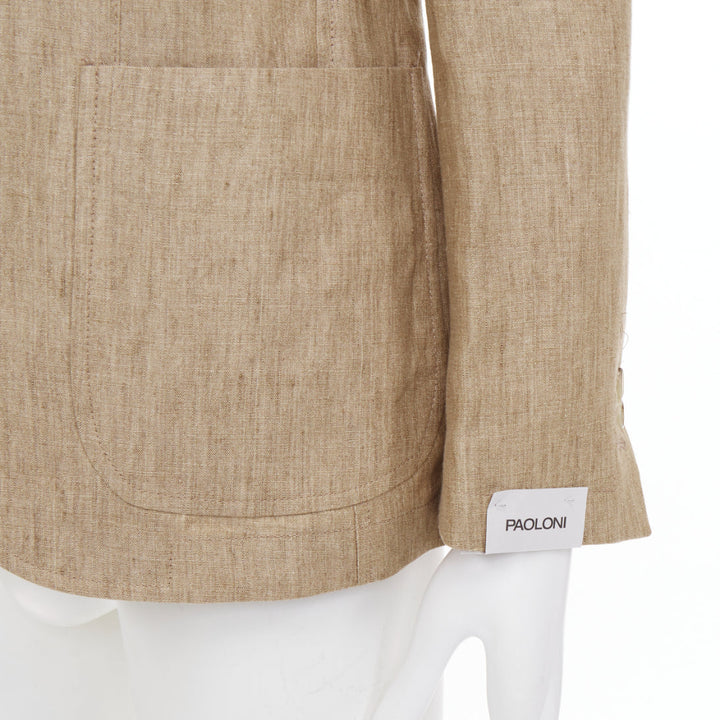 PAOLONI brown textured slub linen notch lapel three button patch jacket EU46 S