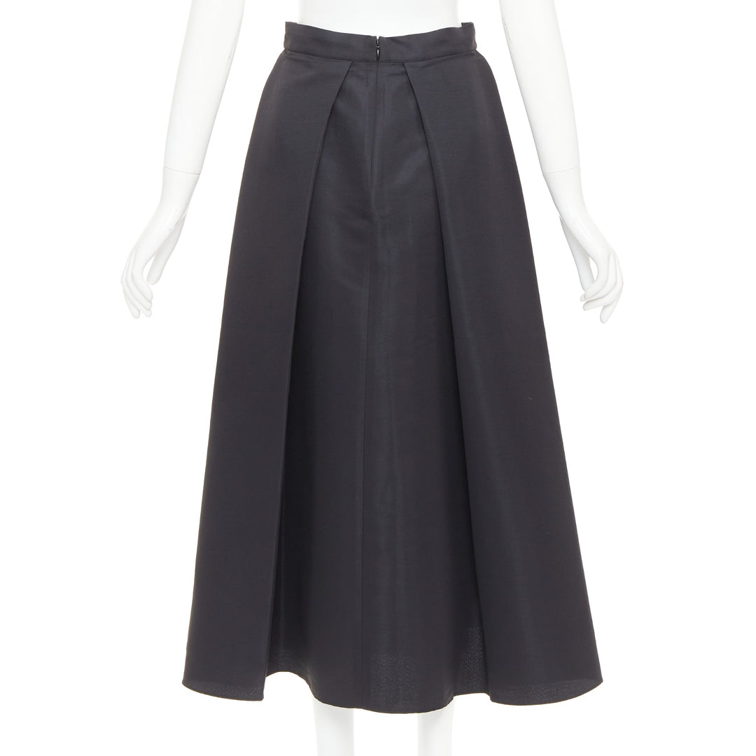 SACHIN AND BABI Leighton black satin crepe box pleat tea flared skirt US2 S