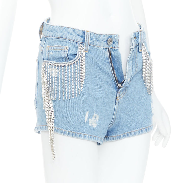 CHIARA FERRAGNI blue crystal fringe distressed denim short shorts XS