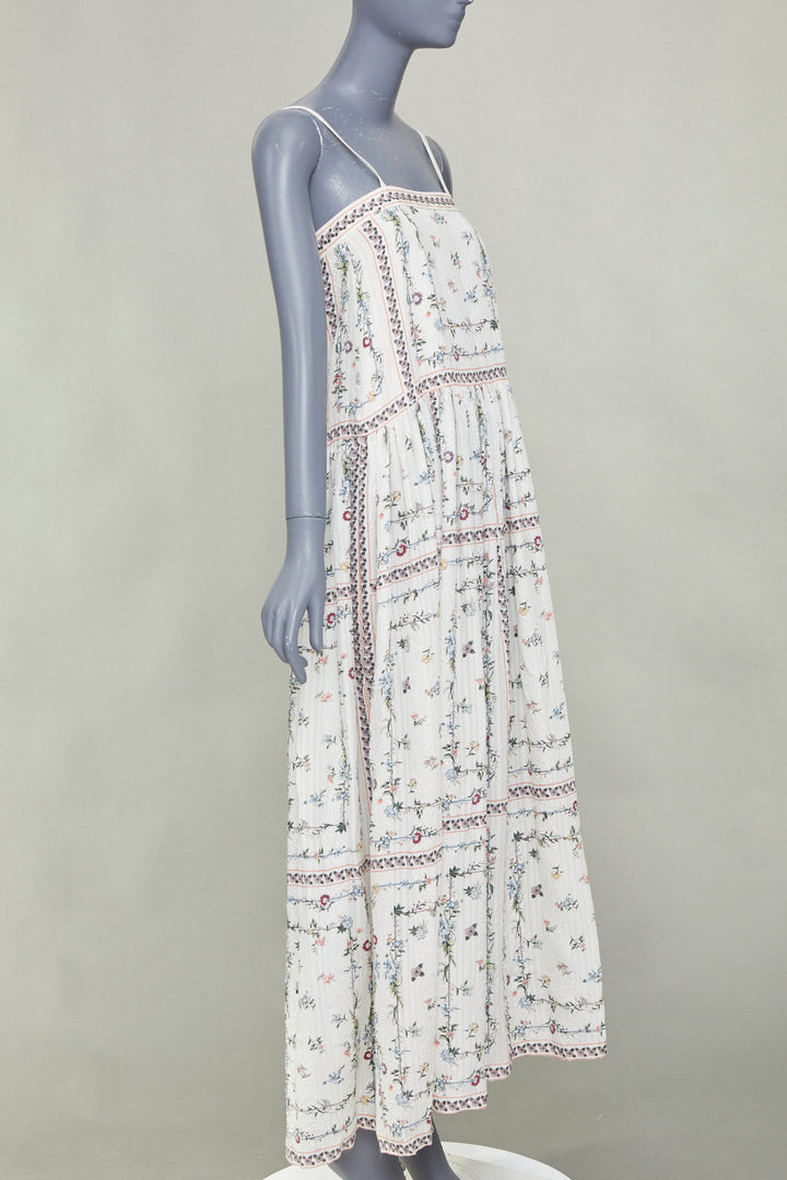 VILSHENKO 2019 white multi floral panel embroidery silk linen maxi dress UK8 S