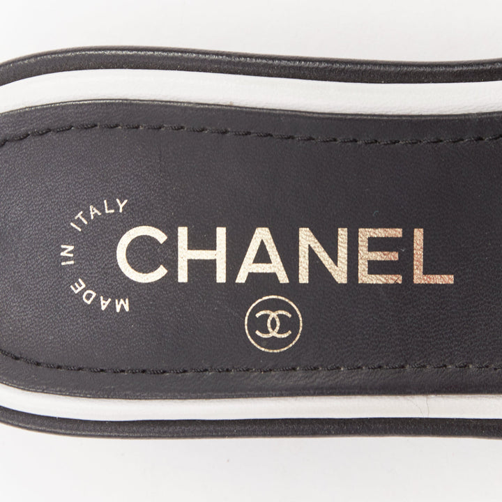 CHANEL 2021 Runway black white logo embroidered lambskin CC mule sandals EU35.5