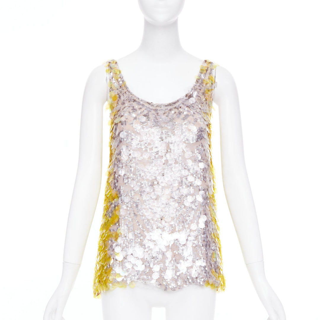 VALENTINO yellow poudre silver giallo sequined pailettes silk vest IT40 S