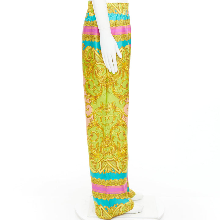 VERSACE Barocco Goddess 100% silk twill graphic print wide leg pants EU48 M