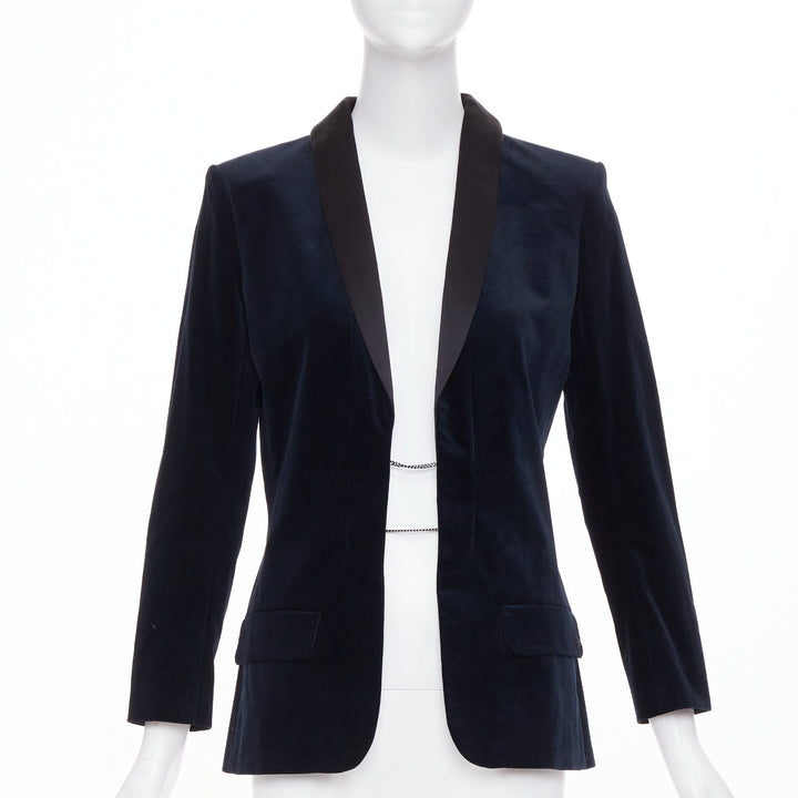CHANEL 2018 Runway Paris Hamburg navy velvet satin shawl lapel tux jacket FR38 M