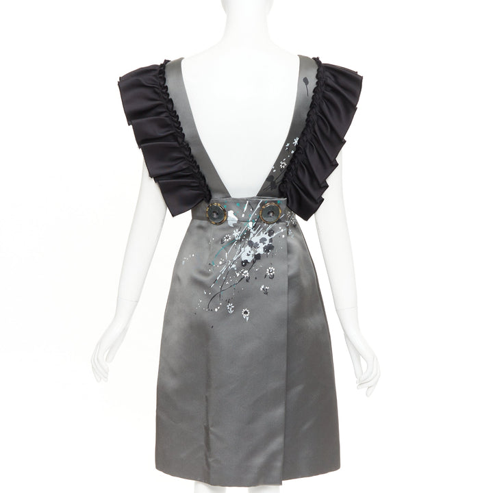 rare MIU MIU 2019 Runway grey black silk ruffle hand painted apron dress IT38 XS