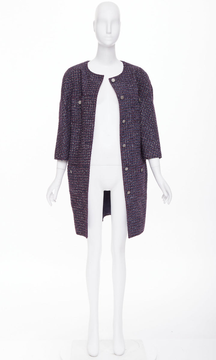 CHANEL 2014 purple metallic CC button four pocket collarless tweed coat FR44