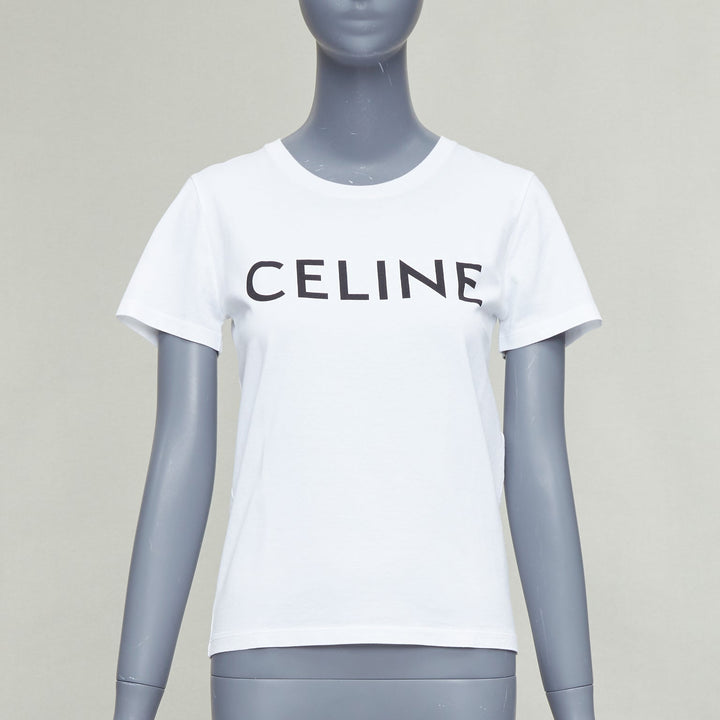 CELINE white cotton black big logo crew neck fitted tshirt XS