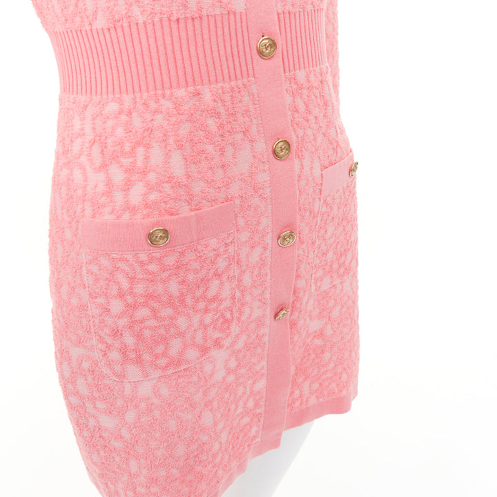 CHANEL 21C light pink embossed camelia boucle intarsia knit mini dress FR36 S