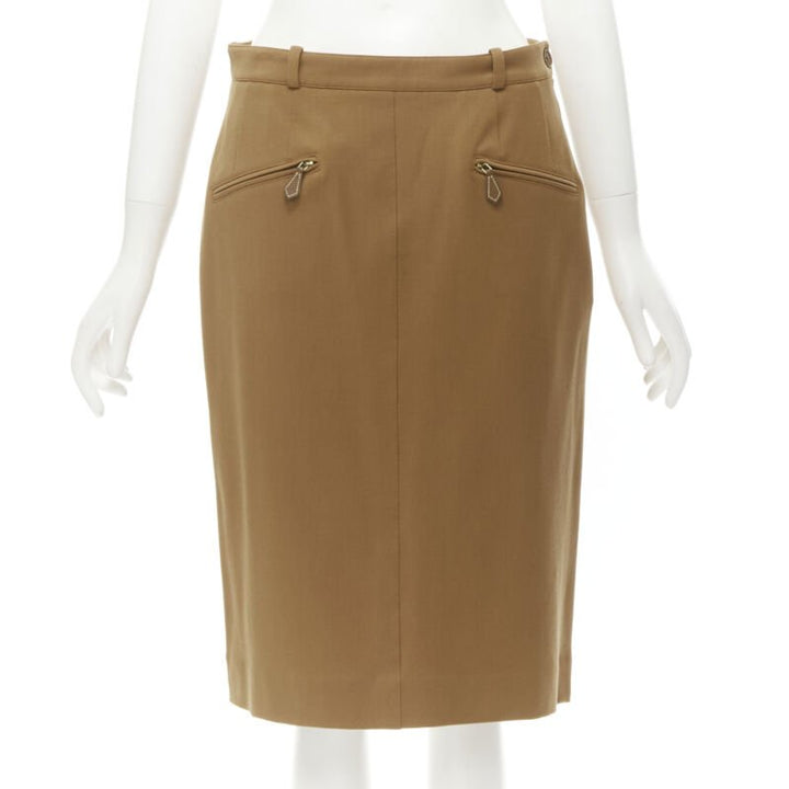 HERMES brown wool blend leather Sellier zipper pocket pencil skirt FR42 L