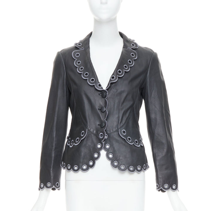 EMPORIO ARMANI 2009 black lambskin grey embroidered scalloped crop jacket IT40 S