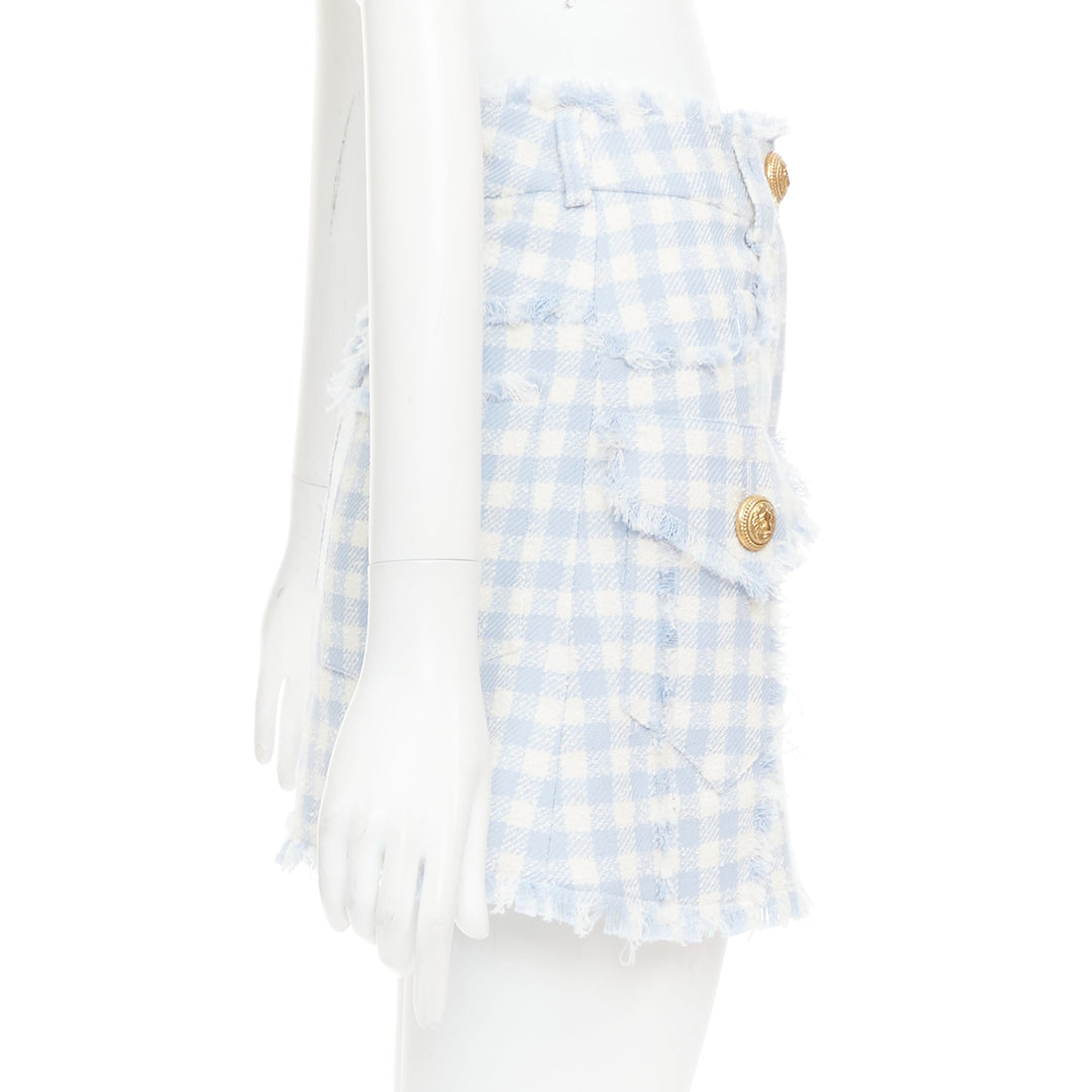BALMAIN light blue white checked cotton tweed cargo pocket skirt FR34 XS