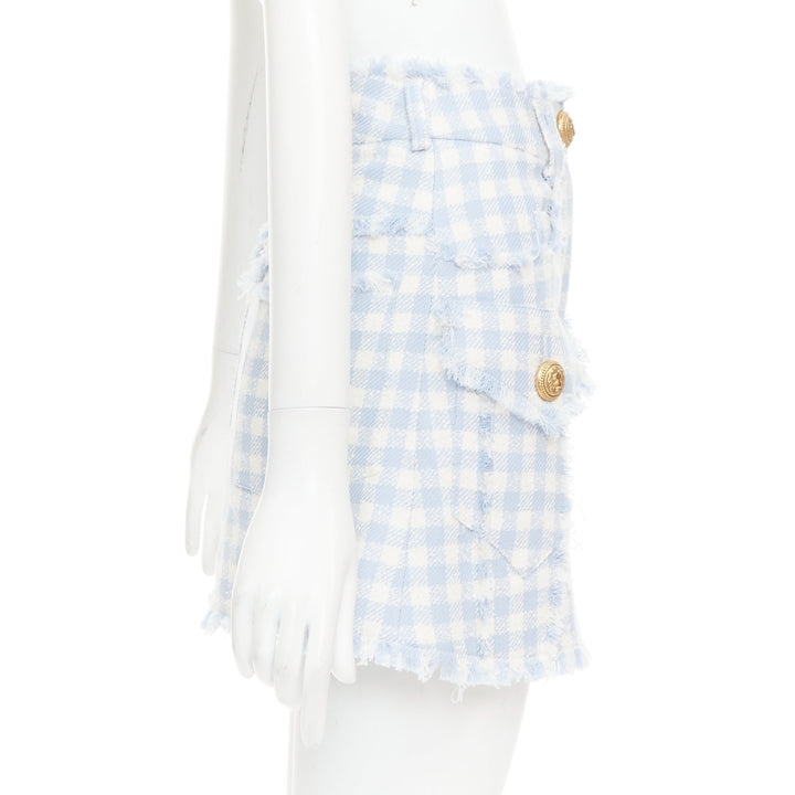 BALMAIN light blue white checked cotton tweed cargo pocket skirt FR34 XS