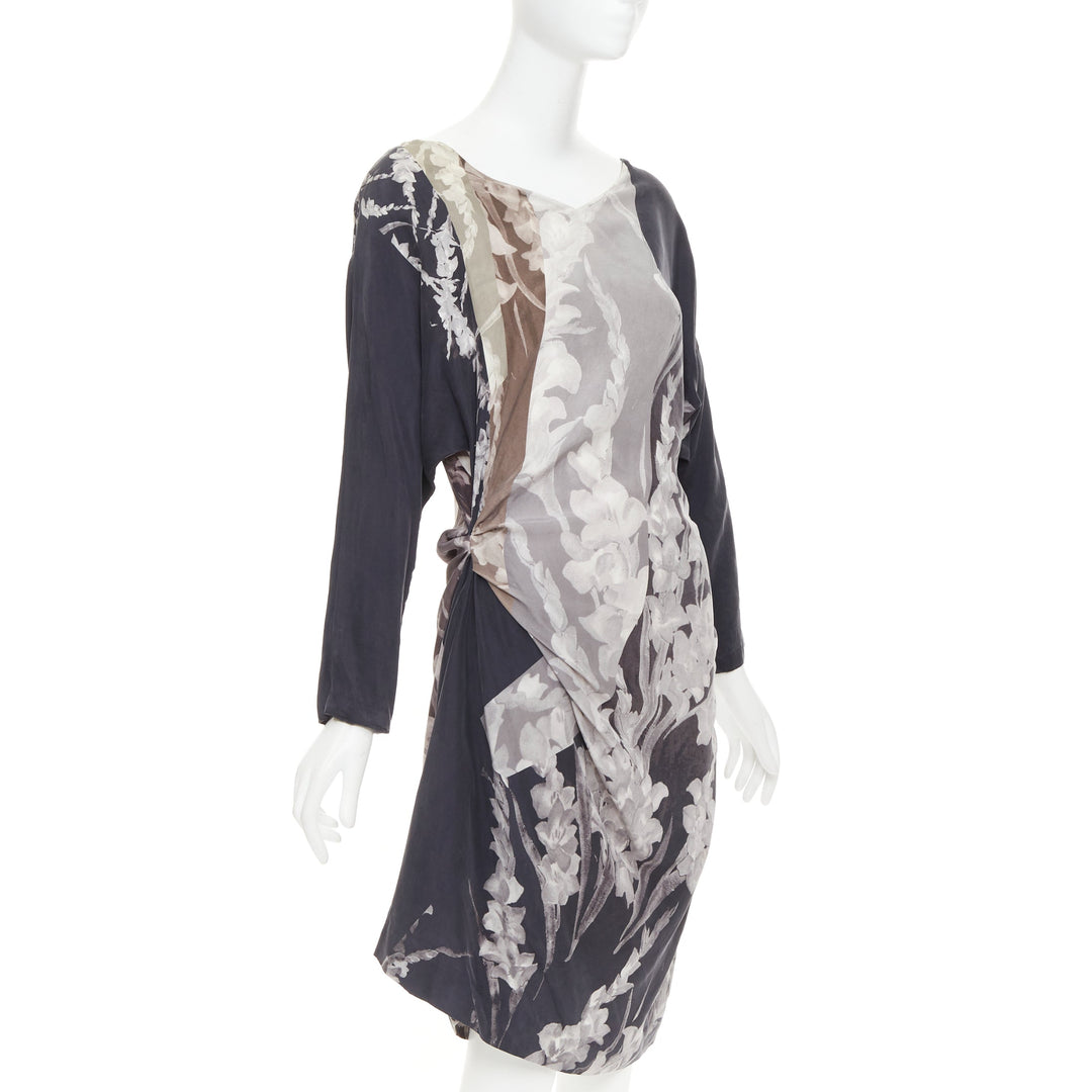 DRIES VAN NOTEN 2009 Vintage silk floral print asymmetric drape dress FR38 M