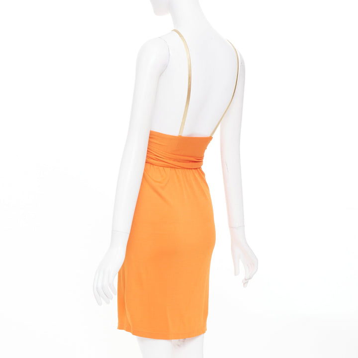 CELINE Vintage orange gold leather trim halter viscose apparel dress FR36 S