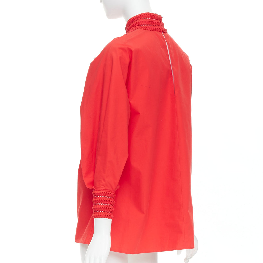 FENDI 2016 Runway red cotton silk ruched knot weave collar peasant top IT38 XS