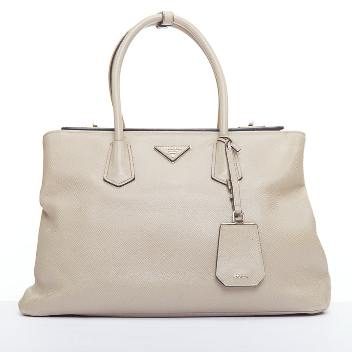 PRADA Twin beige saffiano leather trangle logo top handle tote bag