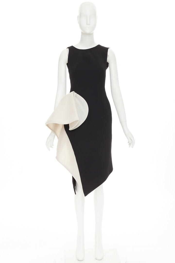 MATICEVSKI 2018 Essex black white asymmetric ruffle polyester midi dress AUS8 S