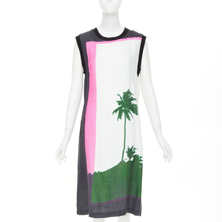 DRIES VAN NOTEN 2020 Len Lye linen blend palm tree print shift dress FR38 M