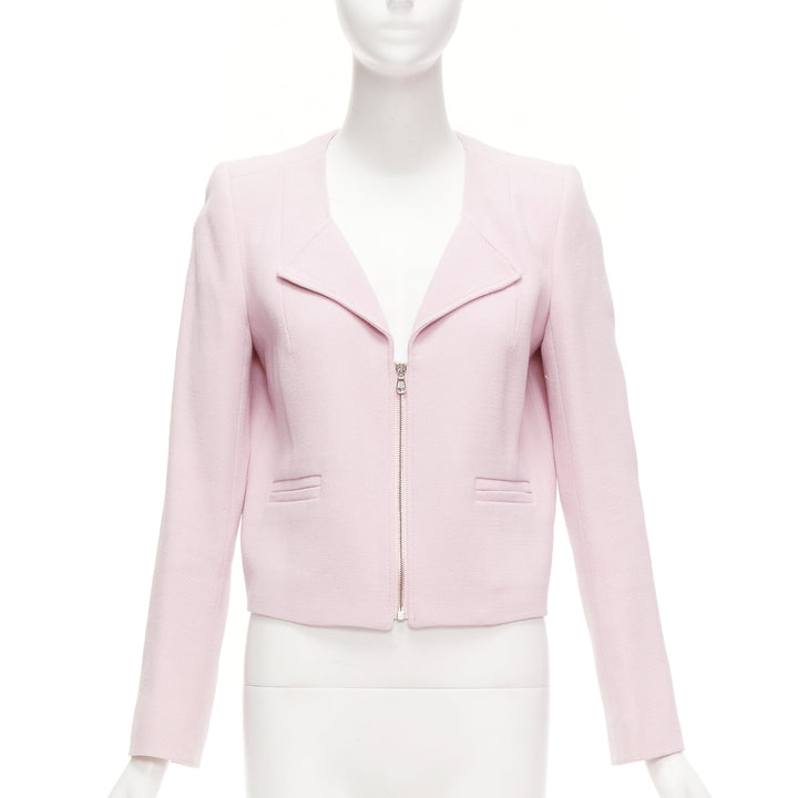 CARVEN pink 100% virgin wool spread lapel zip front cropped blazer FR38 M