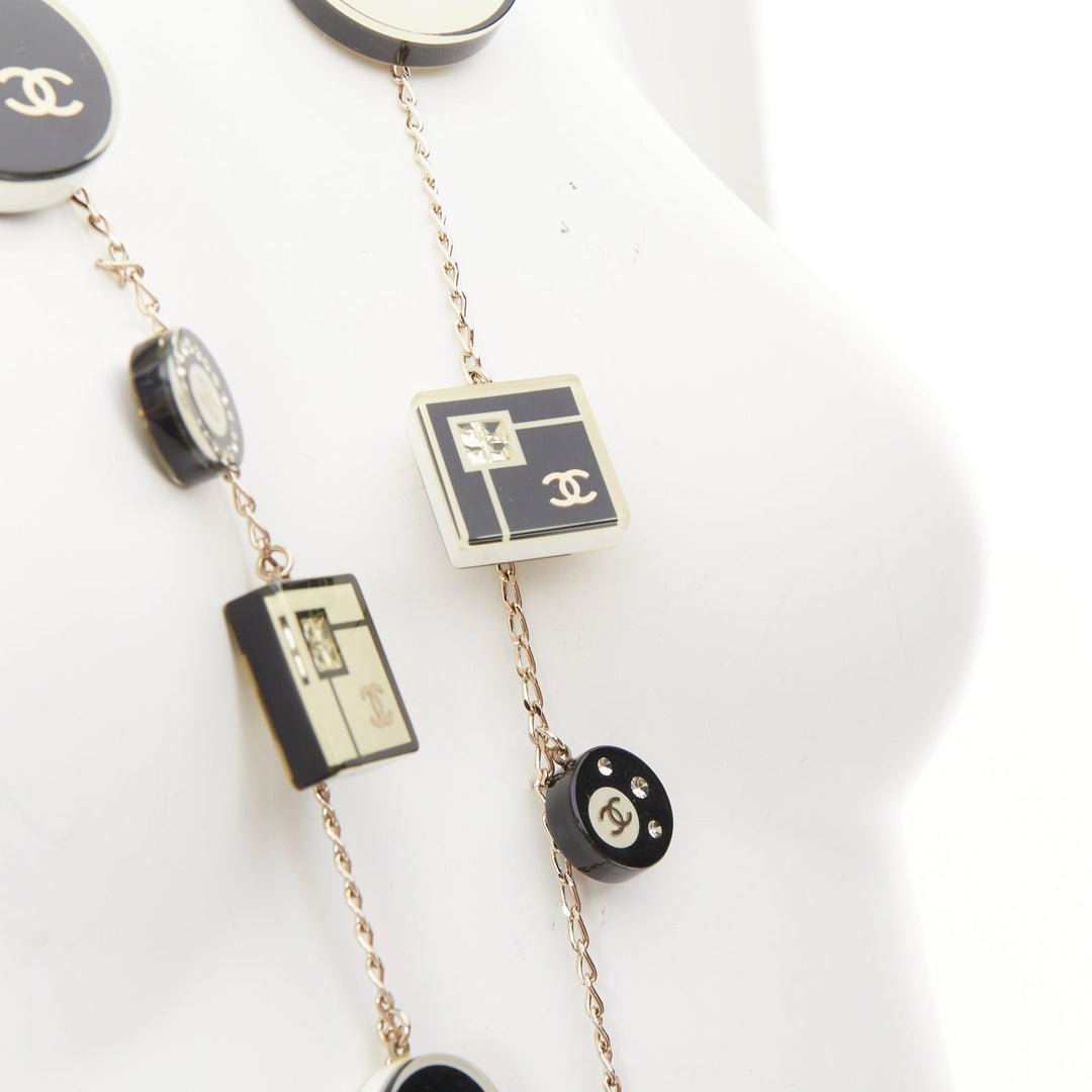 CHANEL 2008 08C black white geometric record resin charm station long necklace