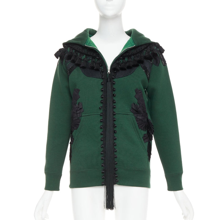 rare MARC JACOBS 2016 green tencel cashmere tassel floral embroidery hoodie XS