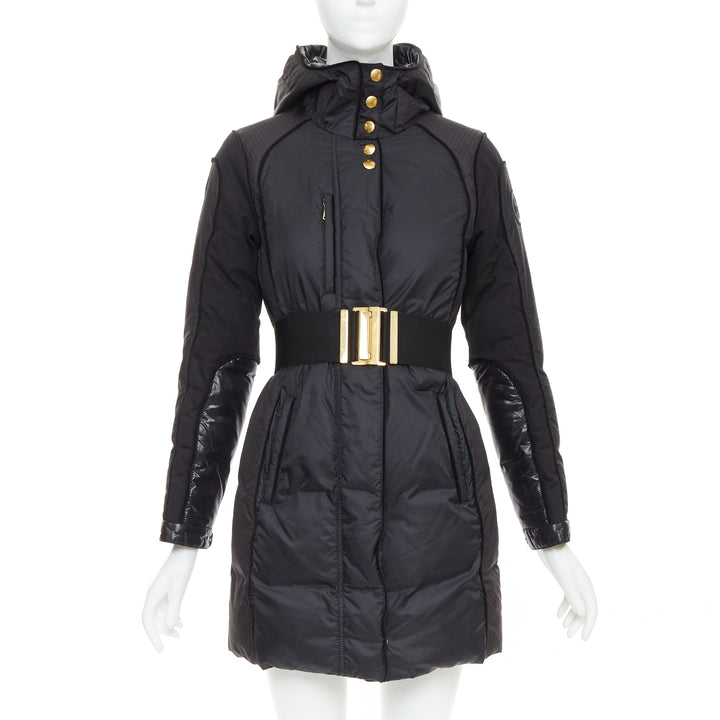 GUCCI 2009 black gold GG logo buckle belt long puffer coat IT38 XS