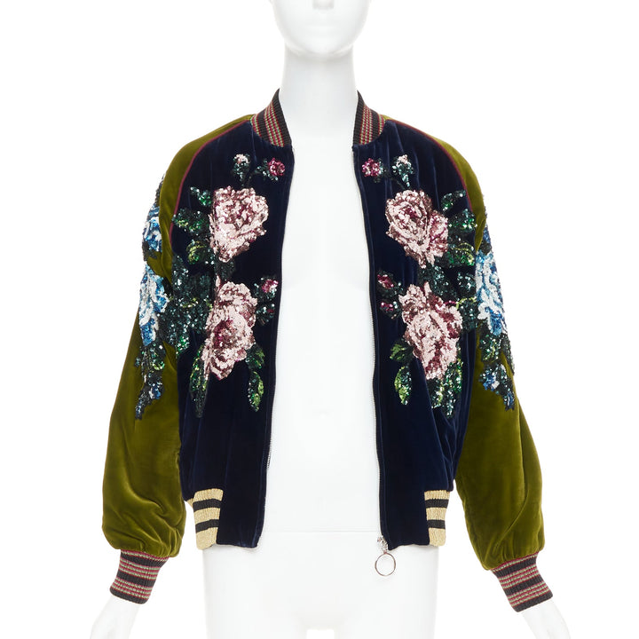 GUCCI Alessandro Michele 2017 navy olive rose sequin velvet bomber jacket IT40 S