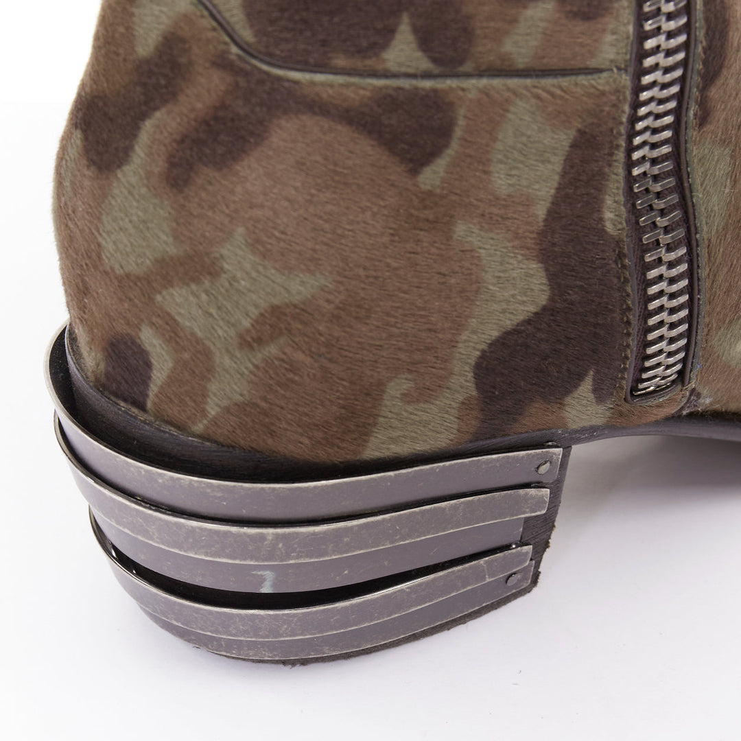 GIUSEPPE ZANOTTI navy green camouflage ponyhair metal tiered heel boots EU43