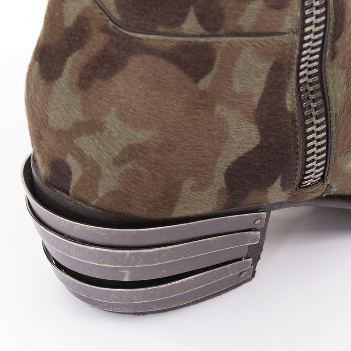 GIUSEPPE ZANOTTI navy green camouflage ponyhair metal tiered heel boots EU43
