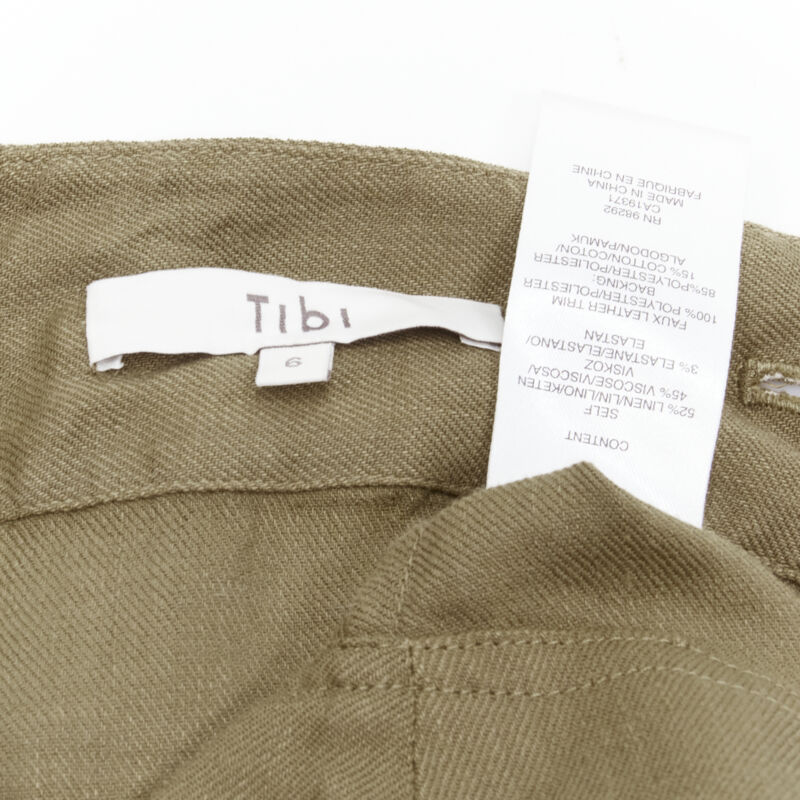 TIBI safari brown linen blend wide canvas belted wrap midi skirt US6 S