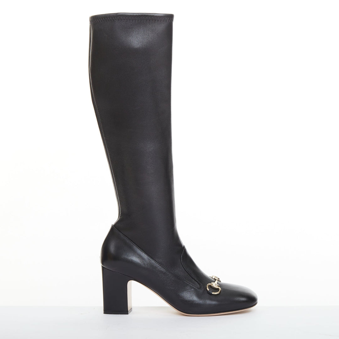 GUCCI Brixton black nappa stretch leather gold horsebit knee high boots EU38.5