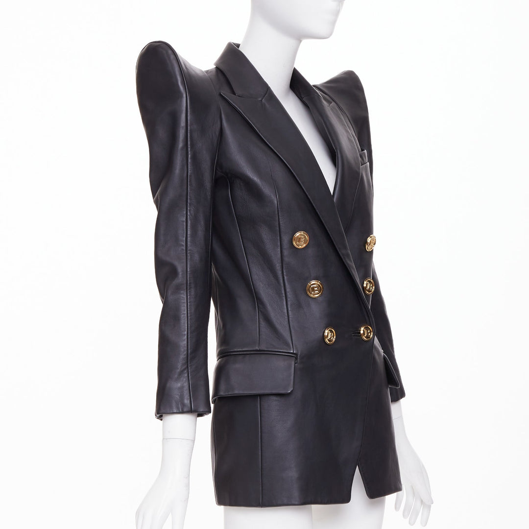 BALMAIN black lambskin leather gold buttons Pagoda shoulders jacket FR34 XS