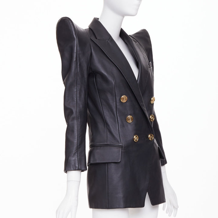 BALMAIN black lambskin leather gold buttons Pagoda shoulders jacket FR34 XS