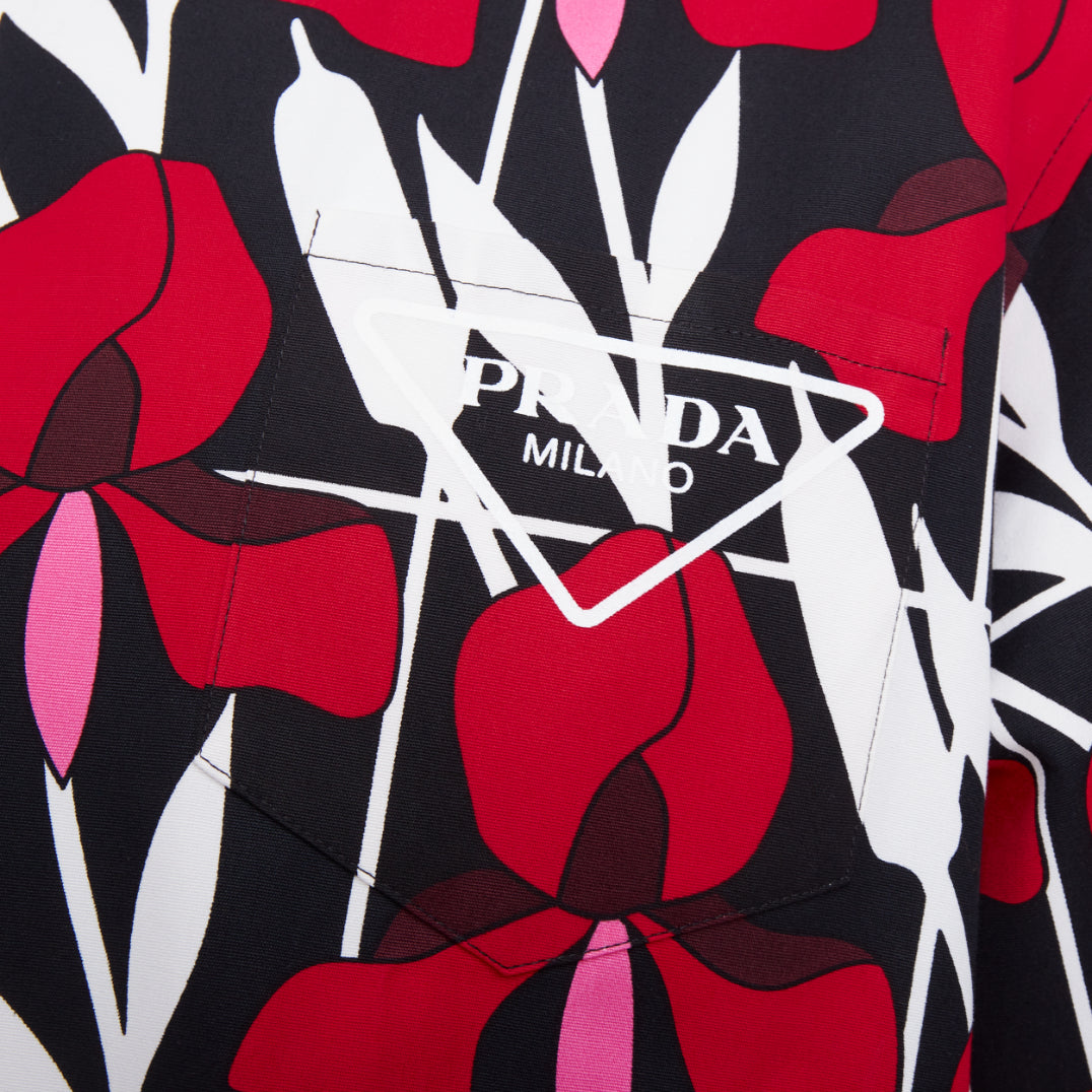 PRADA 2021 Runway Double Match geometric iris red floral split bowling shirt M