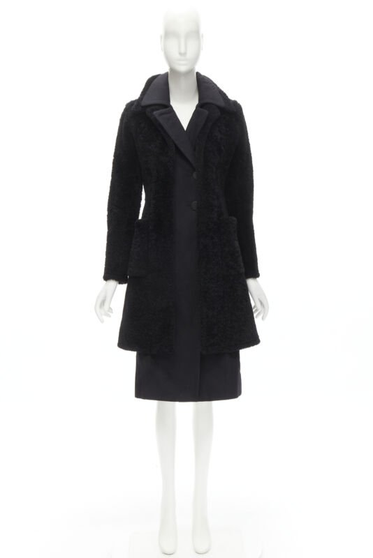 OLD CELINE Phoebe Philo black lambskin shearling wool layered coat FR34 XS