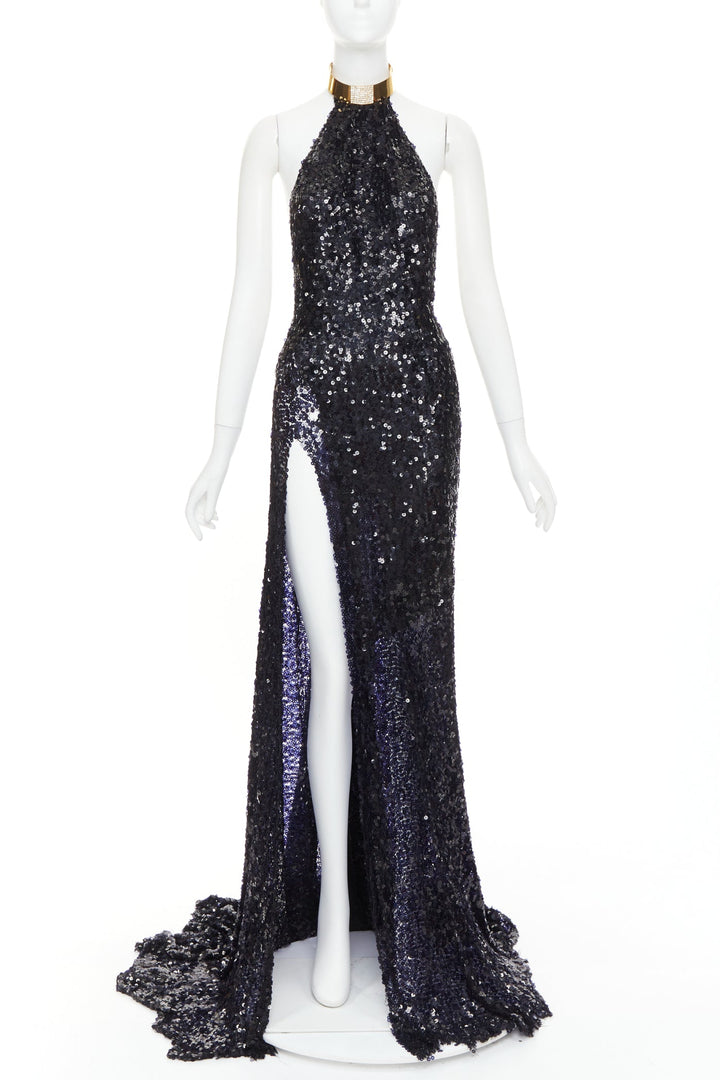 rare ALEXANDRE VAUTHIER navy sequinned gold crystal pave collar high slit gown